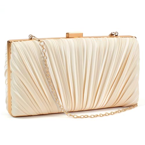 ToKismet Gold Clutch Evening Bag for Women - Champagne Pleated Satin Purse, Formal Party Handbag with Scalloped Fan Clasp, Detachable Chain Strap for Wedding & Prom by ToKismet - Used condition - US$17.49
