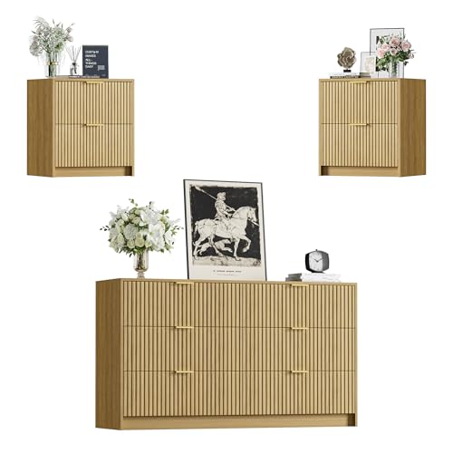 Image of Furniway 3 Piece Bedroom Set, 6 Drawer Dresser and Nightstand Set of 2 with Gold Handles, Mid-Century Modern Wood Chest of Drawers Storage Cabinet for Bedroom, Natural Oak