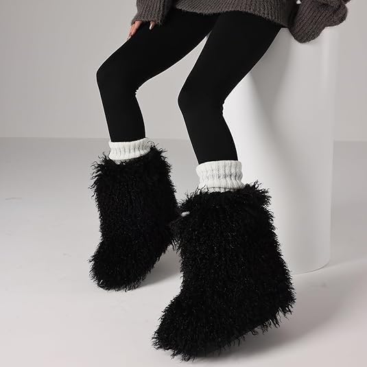Kids Fur Boots Furry Boots for Girls Warm Faux Fur Mongolian Snow Boots for Kids,Flat