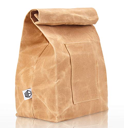 WEI CLASSIC Waxed Canvas Lunch Bag, Waterproof, Durable, Eco Friendly, Large Size Brown Paper Bag Styled, Lunch Box for Men, Women & Kids