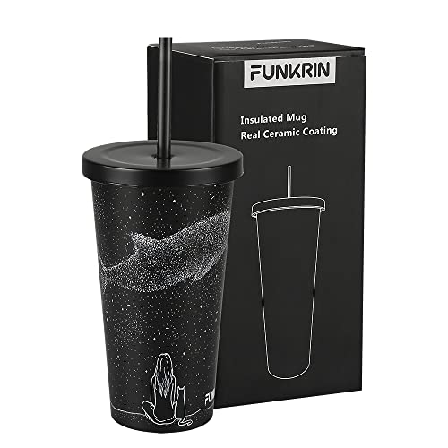 Funkrin Insulated Coffee Mug with Ceramic Coating, 16oz Iced Coffee Tumbler Cup with Flip Lid and Handle, Double Wall Vacuum Leak-Proof Thermos Mug for Travel Office School Party Camping