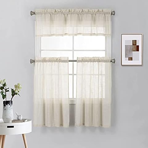 Diamond Home Linens 3 Piece Linen Semi Sheer Kitchen Window Curtain Tiers and Valance Set 24" Long, Beige. Cover
