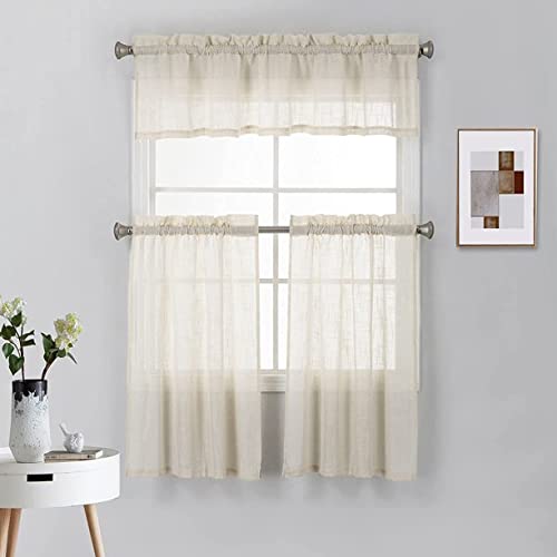 Diamond Home Linens 3 Piece Linen Semi Sheer Kitchen Window Curtain Tiers and Valance Set 36\" Long, Beige.