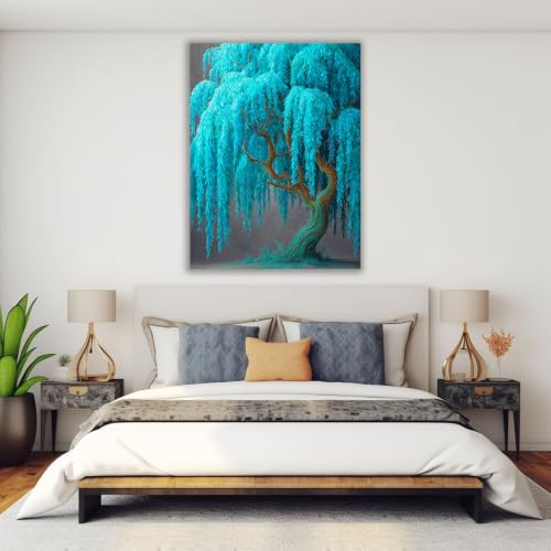 Cuadro de árbol turquesa para decorar un dormitorio boho con estilo natural y elegante 4
