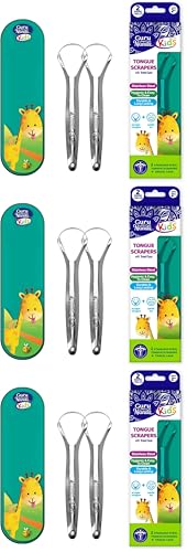 Image of GuruNanda Kids Tongue Scraper (6-Pack) with Travel Case, Stainless Steel, Aids in Fresh Breath - Travel-Friendly Tongue Cleaner (Green /Pink /Orange)