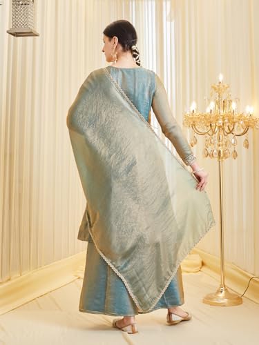 Image of MOKOSH Women's Silk Anarkali Kurta Palazzo with Dupatta | Anarkali Kurti Set | Embroidered | Sweetheart Neck Full Sleeve Ethnic Suit | 3 Piece Outfit