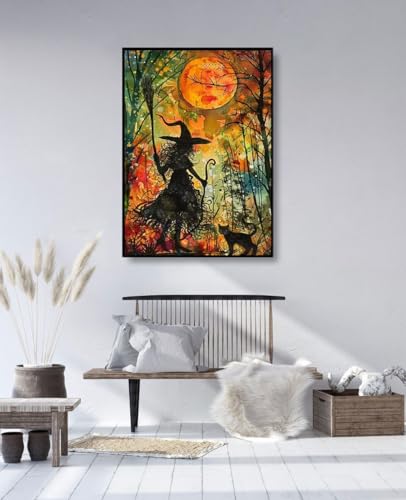 CHWGLFGG Halloween Diamond Art Kits for Adults Beginners, DIY 5D Full Round Drill Diamond Painting Kits Witch and Black Cat, Paint by Diamonds Dot Gem Art Crystal Easy,Home Wall Decor 12 X 16 Inch
