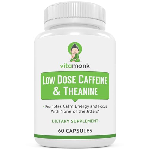 VitaMonk Low Dose Caffeine and Theanine - No Jitters No Crash- Microdose of Caffeine L Theanine Pills with Caffeine Theanine and Theobromine - 25mg of Caffeine Caffeine Pills L Theanine - 60 Caps