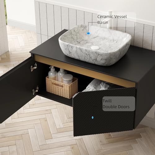 Image of Floating Bathroom Vanity with Sink, 36 inch Bathroom Storage Cabinet with Sintered Stone Countertop & Marble-Pattern Ceramic Basin, Wall-Mounted Vanity with 2 Twill Pattern Doors, Black