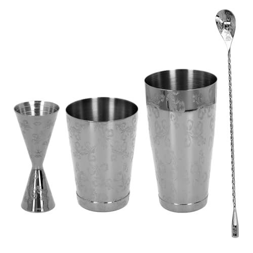 uHLANQC Ensemble Shaker à Cocktail Boston en Acier Inoxydable 304, imprimé Vintage, capacité Moyenne – Kit de Barman Multifonctionnel, et passoire, idéal for Le Bar Domicile Les fêtes(B)