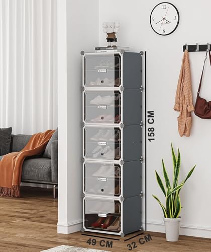 Image of YASONIC Premium Modular Plastic Shoe Rack for Home with Door | 10-Tier Stackable Shoe Organizer | Waterproof & Dustproof | Space Saving Storage for Home, Bedroom & Entryway [Grey HQ1, 10-Shelf-5-Door]