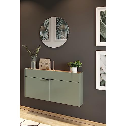 Lomadox Garderobe Flurgarderobe schmal in grün mit Eiche modern 2-teilig mit 1 Schuhschrank und 1 Spiegel