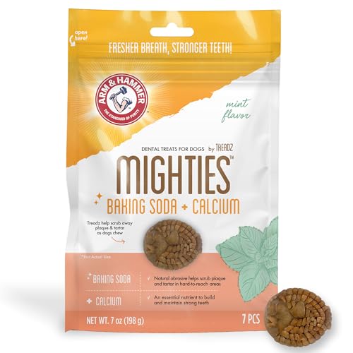 Arm & Hammer for Pets Mighties by TREADZ Dental Treats for Dogs with Baking Soda & Calcium, Help Fight Bad Breath, Plaque & Tartar, Mint, Tough Puffer Shaped, 7 Pcs (Packaging May Vary)