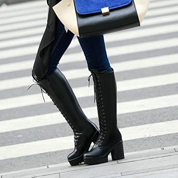 MGYQ Dames Chelsea Boots Platform Veterschoenen Dikke Hak Knie Hoge Laarzen Ronde Teen Casual Laarzen