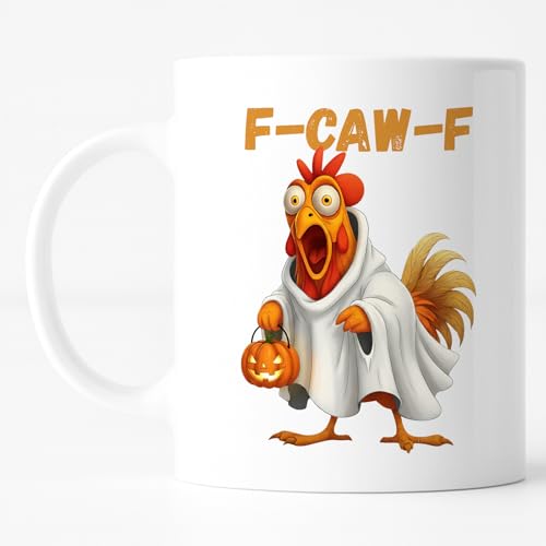 Custom Moments F-Caw-F Funny Chicken Coffee Mug 11oz – Halloween Ceramic Rooster Cup, Durable and Easy Grip Handle, Coffee or Tea Gift for Friends and Party Lovers