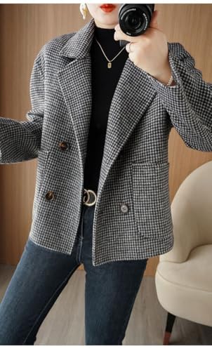 utcoco Womens Crooped Wool Coats Houndstooth Double Breasted Short Wool Pea Coat Cropped Blazer Jackets with Pocket2