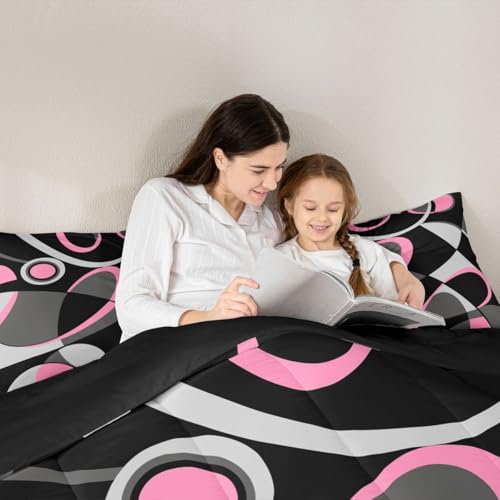 Image of Feelyou Pink Grey and Black Comforter Retro Circle Comforter Set Modern Abstract Art Bedding Set for Kids Boys Girls Swirl Duvet Luxury Room Decor Quilt King Size