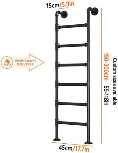 Heavy-Duty Wall-Mounted Black Metal Bunk Bed Ladder, 3300lbs Capacity Egress Ladder for Basement Window Wells, Perfect for Home & Outdoor Use (110in/280cm)