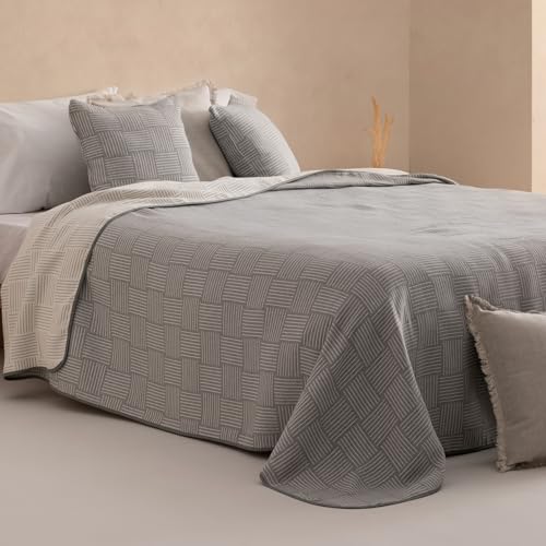 GAMUSI Colcha Moderna Cama 150 cm Ligera Entretiempo Primavera Verano Cuadros Jacquard algodón Transpirable, 250x270 cm, Color Gris Oscuro
