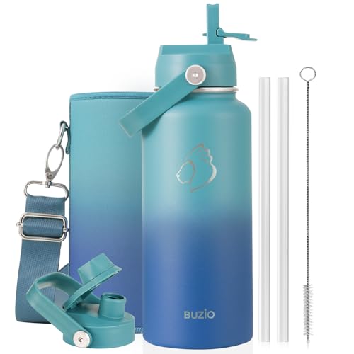 Image of BUZIO Insulated Stainless Steel Water Bottle 32 oz with Straw & Spout Lids