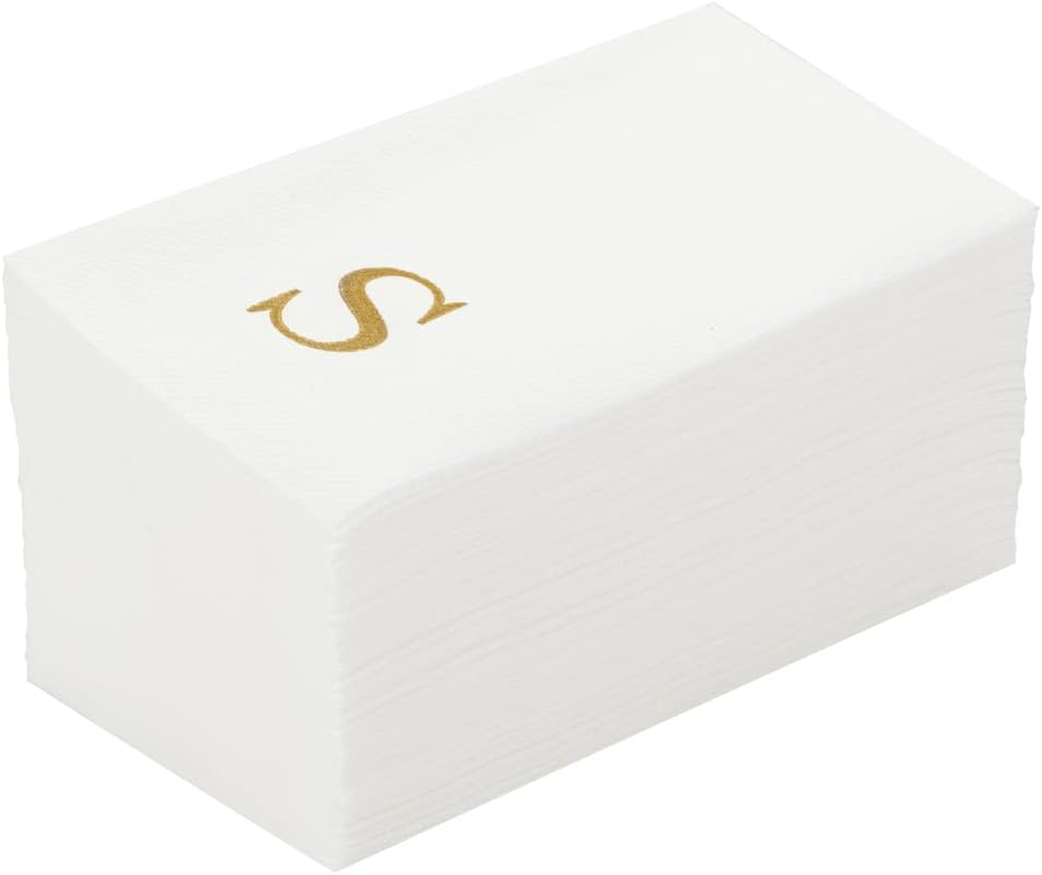 Restaurantware Luxenap Linen-Feel Guest Towels Gold Letter S - 50 Count 15.8x7.9 Inch Absorbent White Paper Napkins for Events & Restrooms