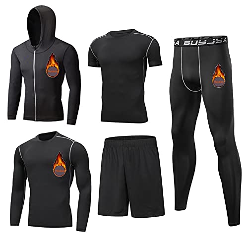 Image of BUYJYA 5Pcs Men's Compression Pants Shirt Top Long Sleeve Jacket Athletic Sets Gym Clothing Mens Workout Valentine's Day gift
