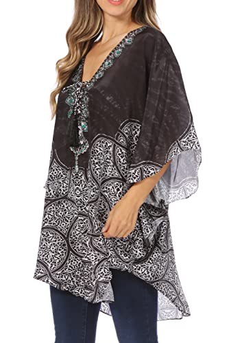 Sakkas Tallulah Wide Circle Blouse V Neck Top with Tassle Ties and Rhinestones3