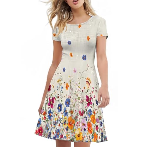 Image of AFPANQZ Womens Casual Summer Lightweight Vintage Dress Short Sleeve Midi Dress Knee-Long Luxury Formal Dress