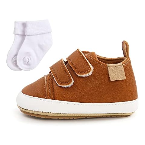 Baby Girls Boys Sneakers Toddler Shoes PU Leather First Walking Shoes Anti-Slip Infant Newborn Prewalker Sneakers for 12-18 Months with Sock Brown Cover