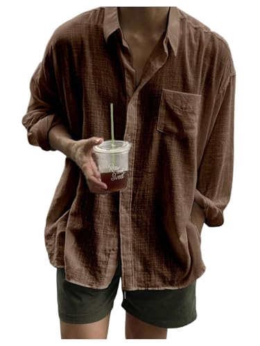 Men's Long Sleeve Oversized Tshirts Button Down Collared Baggy Casual Shirt with Pocket