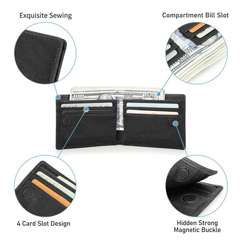Image of Contacts Genuine Leather Wallet for Men | Slim Bifold Wallet with Magnetic Closure | 4 Card Slots & Cash Compartment | Premium Black Leather Wallet
