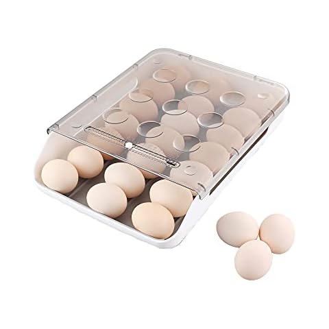 RedCall Egg Container for Refrigerator,Plastic Egg Holder Auto Scrolling Deviled Egg Tray,Fresh Egg Storage organizer,21 Grid Large Capacity Kitchen Egg Box basket (Gray) Cover