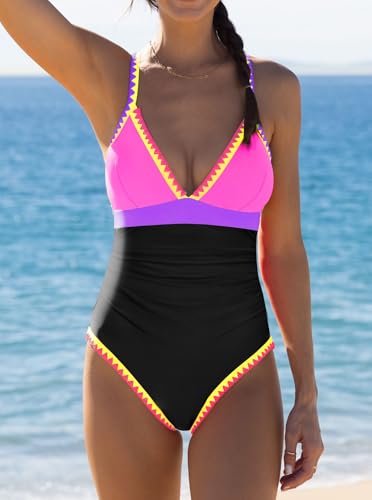 Image of popvil Women One Piece Swimsuit Colorblock Ruched Bathing Suit | Adjustable slider straps, Multi neon trim, Long torso, Detachable padding, Quick dry fabric, Beach Vacation
