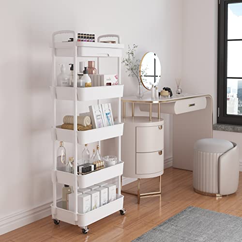 Image of Calmootey 5-Tier Utility Cart with Drawer & Wheels, Storage for Home,Office | Space-Saving Organizer, Sturdy Plastic Shelves, Smooth-Rolling Metal Wheels, Built-in Drawer for Small Items, White