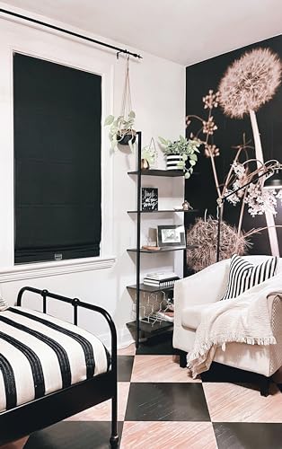 Image of TWOPAGES Isabella No Drill Cordless Roman Shade Linen Textured Cotton Roman Blind for Windows, Custom Made Room Darkening Blackout Roman Window Shade, Hardware Included, Black, 1 Piece