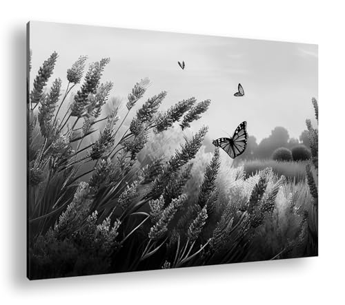 Impression d'art papillons lavande cadre bois salon 90 x 60 cm