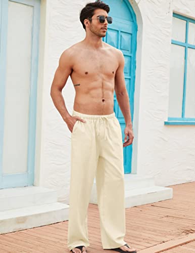 Coofandy Men's Linen Casual Pants Summer Spring Beach Jog Elastic Waist Trousers,Straight #TOP1