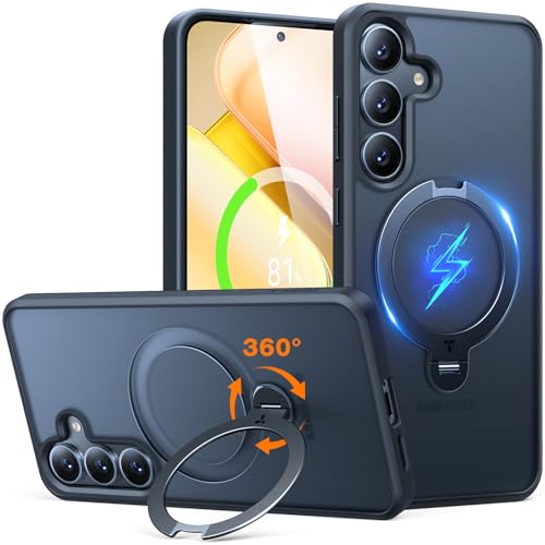 TORRAS 360 Spin for Samsung Galaxy S25 Case with Stand, Fit for MagSafe, 3X Military Grade Protective, Rotatable Kickstand for Samsung S25 Case, Magnetic Ring Slim Hard Cover, Matte Black 6.2''