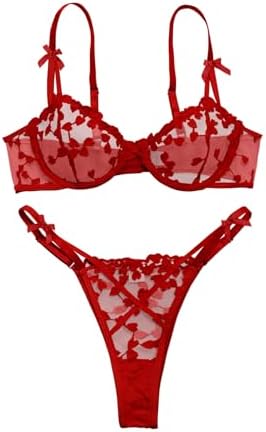 Lilosy Sexy Underwire Cute Push Up Strappy Embroidered Mesh Sheer Lingerie Set See Through Panty Bra