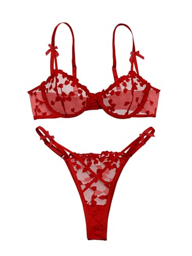 Lilosy Sexy Cute Underwire Push Up Strappy Heart Embroidered Mesh Sheer Lingerie Set for Women Bachelorette See Through Bra and Panty 2 Piece Bow Red Medium