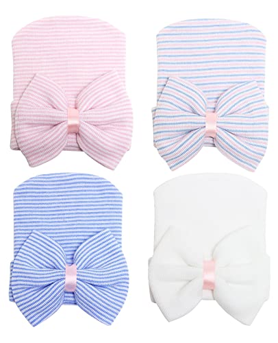 Zando Cotton Infant Newborn Beanie Hat Newborn Hospital Baby Hat For Boys Girls Beanie Hat 4 Pack White&Blue&Pink&Pinkbluewhite #TOP9