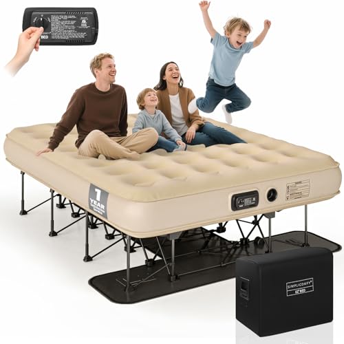 Simpli Comfy Queen EZ Bed Self-Inflating Air Mattress with Built-in Frame, Pump and Wheeled Case,...