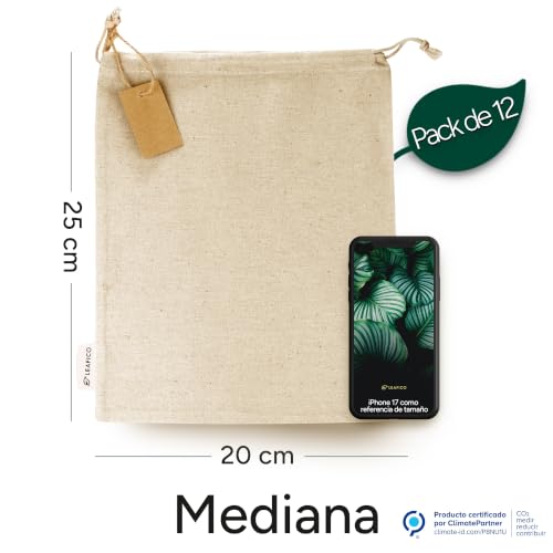 Miniatura 2 de Leafico Sacos De Algodón Reutilizables Tamaño Mediano 20x25 Cm Pack De 12 Bolsas De Tela Con Cordón Ecológicas Para Garbanzos, Café, Frutas Pequeñas, Panecillos Y Almacenamiento Natural