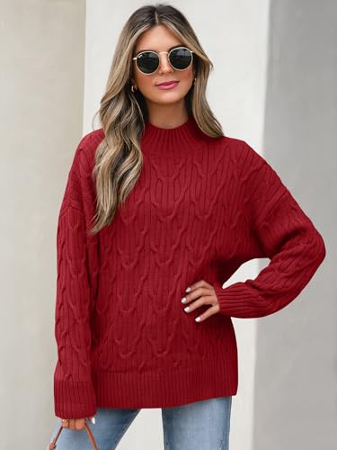 ANRABESS Womens Mock Neck Cable Knit Sweaters Red Medium — view 2