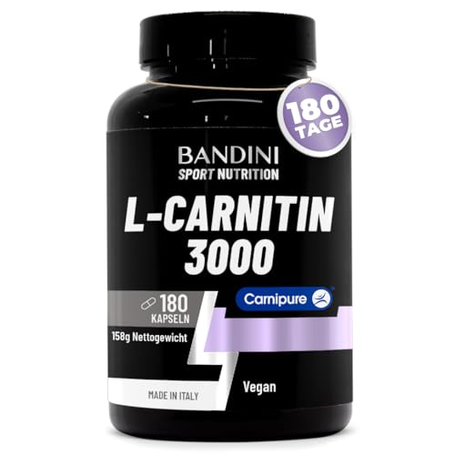 Bandini® L-CARNITIN Carnipure® 3000, 180 Kapseln, L-Carnitine, Sport-Supplement mit L Carnitin-Tartrat, reines Karnitin mit hoher Absorption und Bioverfügbarkeit, ohne Zusatzstoffe, 100% Vegan
