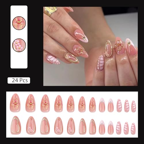 VOTACOS Light Pink French Tip Press on Nails Almond Medium 3D Flower Acrylic Fake Nails Press Ons with Designs Gold Glitter Glue on Nail for Women 24PCS Glossy Reusable Artificial Stick on False Nail — view 3