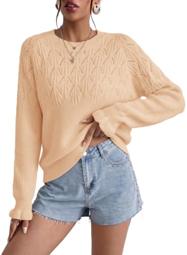 Dokotoo Fall Sweaters for Women Knit Hollow Out Crew Neck Long Sleeve Casual Pullover Sweater Tops with Pattern Trendy Vacation Loose Fit Crochet Outfits Basic Tops Blouse Apricot M