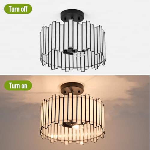 Wrlmfy Black Ceiling Light Fixture in Drum Shape, 12.5” Modern Semi Flush Mount Tiffany Lamp with White Glass, 3-Light Round Hanging Light for Bedroom Dining Room Kitchen Entryway Living Room by Wrlmfy - Used condition - Image 4