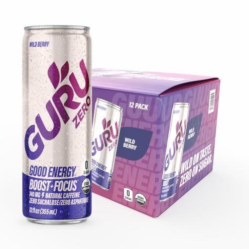Image of GURU Zero Sugar Organic Energy Drink, Wild Berry, 12 Fl Oz, 12 Pack | 140 MG Natural Caffeine for Workouts, Performance & Midday Boost, With Real Fruit Juice, L-Theanine, Plant Based, Gluten Free