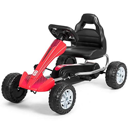 Costzon Kids Pedal Go Kart, 4 Non-Slip Wheel Ride on Car with Adjustable Bucket Seat, Pedal Powered Ride On Toys for Toddlers, Children-Oriented Ergonomic Design, Pedal Cart for Kids (Red)